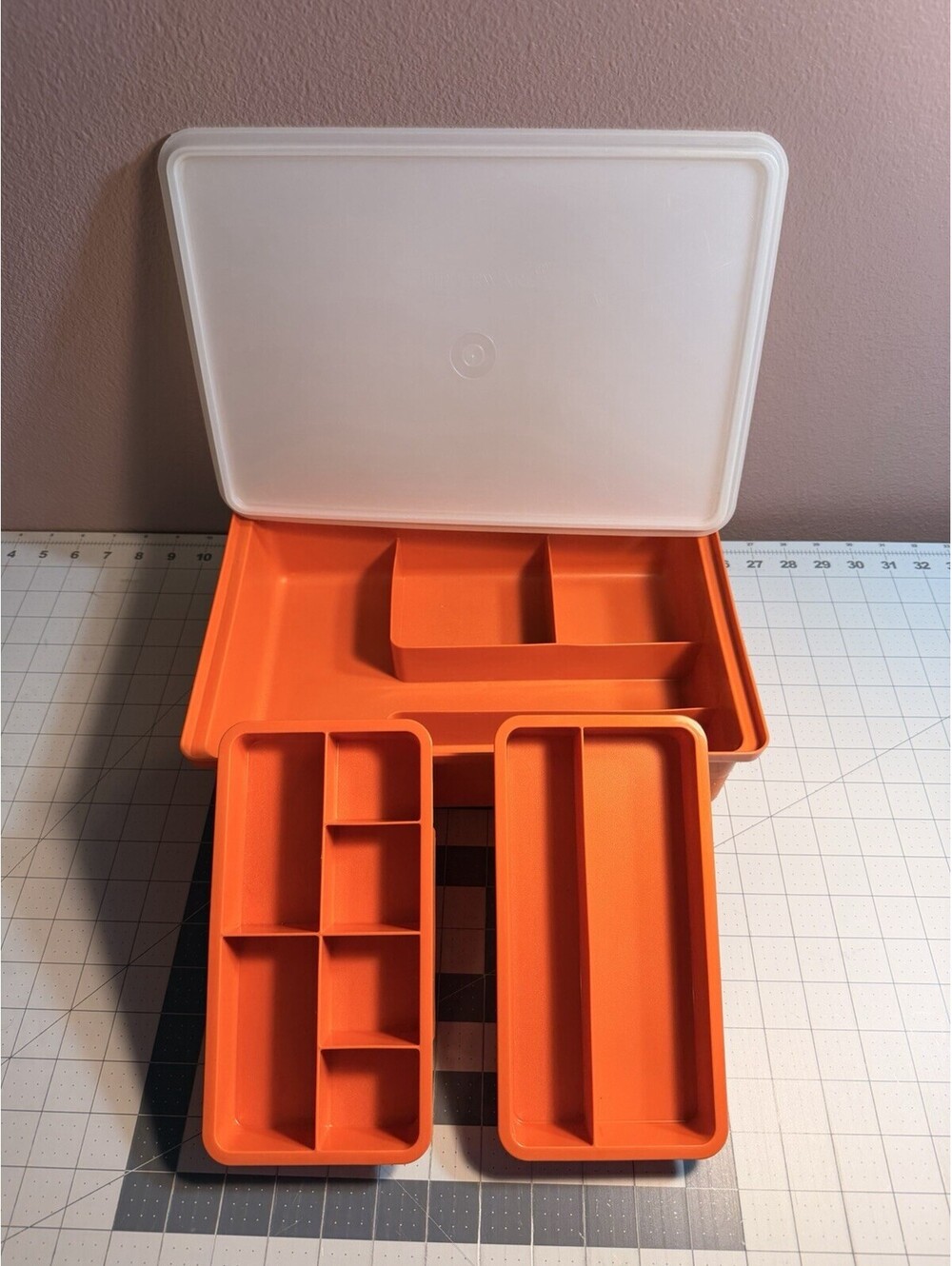 Vtg Orange Tupperware Tupercraft Organizer Craft Box W/Lid